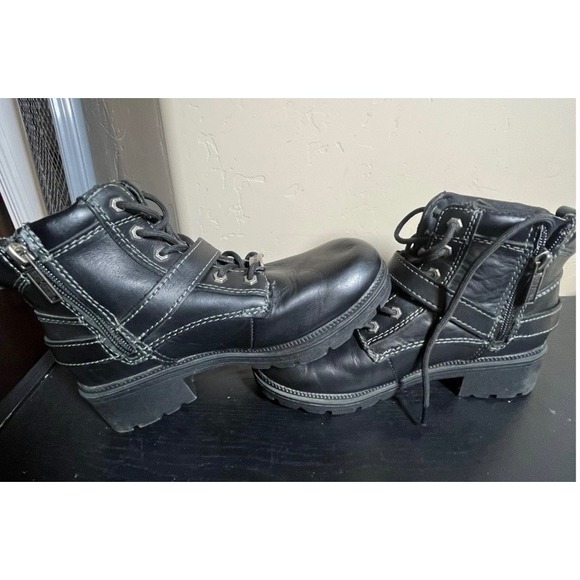 Harley Davidson Leather Moto Ankle Boots Lace Up Side Zip Buckle Womens 6.5 - Picture 3 of 6